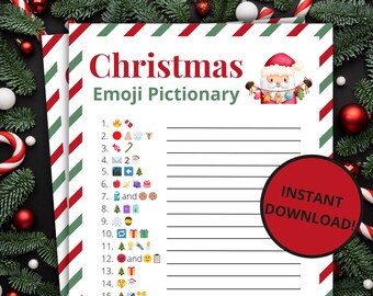 Puede incluir: Un juego de Pictionary de Navidad con emojis imprimible con un fondo a rayas rojas y verdes. El juego presenta un Papá Noel de dibujos animados con un gorro rojo y barba, sosteniendo adornos navideños. El juego incluye 15 pistas de emojis y líneas en blanco para que los jugadores puedan escribir sus conjeturas.