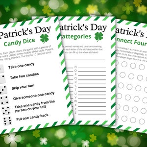 May include: Three printable St. Patrick's Day game cards with green shamrock designs. The first card is a candy dice game with instructions and dice images. The second card is a categories game with a list of letters from N to Z. The third card is a connect four game with a grid of circles.