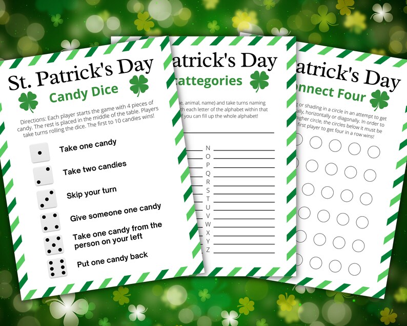 May include: Three printable St. Patrick's Day game cards with green shamrock designs. The first card is a candy dice game with instructions and dice images. The second card is a categories game with a list of letters from N to Z. The third card is a connect four game with a grid of circles.