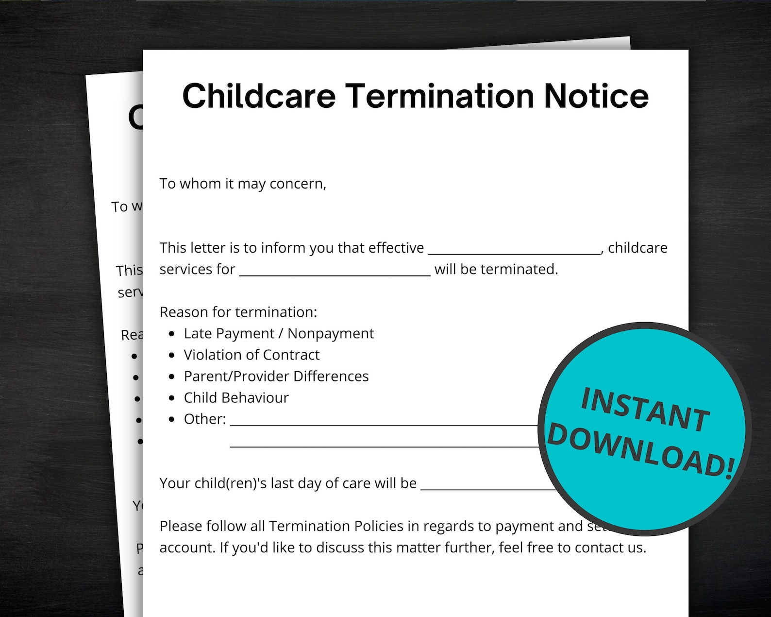 Childcare Termination Notice Daycare Termination Notice Etsy