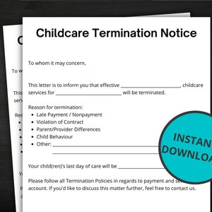 Aviso de terminación de cuidado infantil / Aviso de terminación de guardería / Políticas de terminación / Carta de fin de cuidado infantil / Carta de terminación para padres