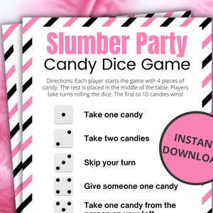 Slumber Party Candy Dice | Printable Sleepover Games for Kids and Teens | Pajama Party Activities | Birthday Party Sleepover Games  - Pink