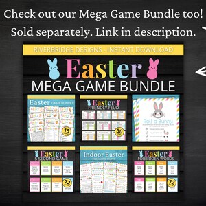 Peut inclure: Un lot de jeux de P&acirc;ques t&eacute;l&eacute;chargeable num&eacute;riquement. Le lot comprend cinq jeux&nbsp;: Easter Game Bundle, Friendly Feud, Roll a Bunny, 5 Second Game, Indoor Easter Treasure Hunt et Forbidden Words. Les jeux sont con&ccedil;us avec un th&egrave;me de P&acirc;ques color&eacute; et pr&eacute;sentent des images de lapins et d&rsquo;&oelig;ufs.