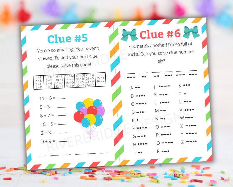 May include: A printable game card with a colorful design featuring balloons and a code to solve. The card includes the text "Clue #5" and "Clue #6".