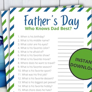 Father&#39;s Day Who Knows Dad Best | Printable Games For Kids and Adults | Party Games and Activities | Family Games | Classroom Games