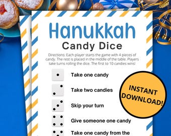 Hanukkah Candy Dice Game | Printable Chanukah Game | Hanukkah Activity For Kids and Adults | Hanukkah Party Game