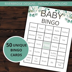 Baby Shower Bingo | Baby Shower Games | Printable Activities | Instant Download | Baby Bingo Game | 50 Baby Shower Bingo Cards | Greenery