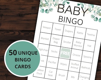 Baby Shower Bingo | Baby Shower Games | Printable Activities | Instant Download | Baby Bingo Game | 50 Baby Shower Bingo Cards | Greenery
