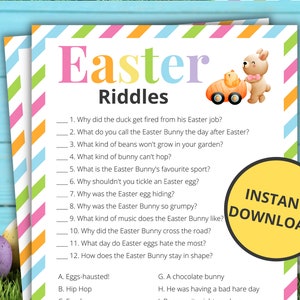 May include: A printable Easter riddle game with 12 questions and answers. The questions are written in black text on a white background with a pink, yellow, and blue striped border. The answers are listed below the questions with letters A through H. The image also includes a cartoon bunny holding a basket of eggs.