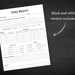 May include: A printable daily report form for tracking a child's day. The form includes sections for meals, bathroom, nap time, activities, and notes. It also includes a section for recording how the child felt throughout the day.