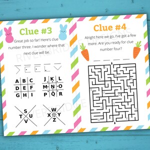 Peut inclure: Un jeu de chasse aux &oelig;ufs de P&acirc;ques imprimable en deux pages. La premi&egrave;re page contient un casse-t&ecirc;te de mots et la deuxi&egrave;me page contient un labyrinthe. Le texte de la premi&egrave;re page dit "Indice n&deg; 3" et "Bravo jusqu'&agrave; pr&eacute;sent&nbsp;! Voici l'indice num&eacute;ro trois. Je me demande o&ugrave; se trouve le prochain indice." Le texte de la deuxi&egrave;me page dit "Indice n&deg; 4" et "Allez, c'est parti, j'en ai encore quelques-uns. &Ecirc;tes-vous pr&ecirc;t pour l'indice num&eacute;ro quatre&nbsp;?"