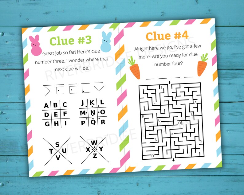 Peut inclure: Un jeu de chasse aux &oelig;ufs de P&acirc;ques imprimable en deux pages. La premi&egrave;re page contient un casse-t&ecirc;te de mots et la deuxi&egrave;me page contient un labyrinthe. Le texte de la premi&egrave;re page dit "Indice n&deg; 3" et "Bravo jusqu'&agrave; pr&eacute;sent&nbsp;! Voici l'indice num&eacute;ro trois. Je me demande o&ugrave; se trouve le prochain indice." Le texte de la deuxi&egrave;me page dit "Indice n&deg; 4" et "Allez, c'est parti, j'en ai encore quelques-uns. &Ecirc;tes-vous pr&ecirc;t pour l'indice num&eacute;ro quatre&nbsp;?"