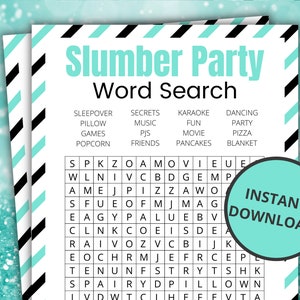 Slumber Party Word Search | Printable Sleepover Games for Kids and Teens | Pajama Party Activities | Birthday Party Sleepover Games  - Mint