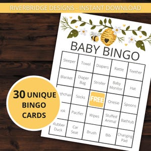 Baby Shower Bingo | Baby Shower Games | Printable Activities | Instant Download | Baby Bingo Game | 30 Baby Shower Bingo Cards | Bumble Bee