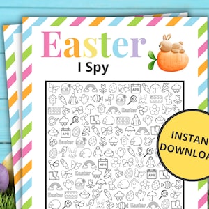 Puede incluir: Un juego de búsqueda de imágenes de Easter I Spy imprimible con una ilustración en blanco y negro de varios objetos con temática de Easter, incluyendo huevos, conejos, zanahorias y flores. El texto "Easter I Spy" está en la parte superior de la página.