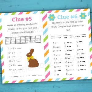 May include: A printable Easter egg hunt game with two clues. Clue #5 has a code to solve using math problems and a chocolate bunny illustration. Clue #6 is a morse code puzzle with a list of letters and their corresponding morse code.