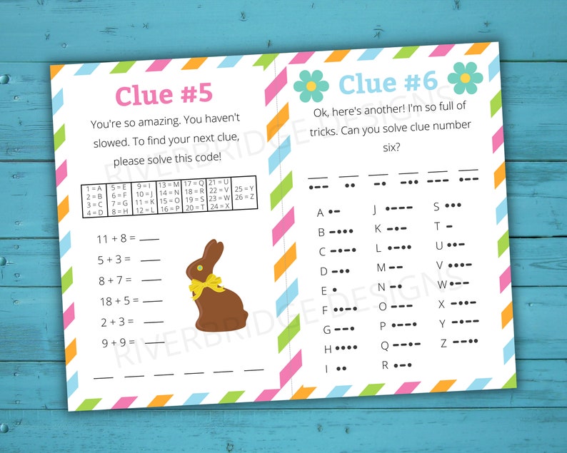 May include: A printable Easter egg hunt game with two clues. Clue #5 has a code to solve using math problems and a chocolate bunny illustration. Clue #6 is a morse code puzzle with a list of letters and their corresponding morse code.