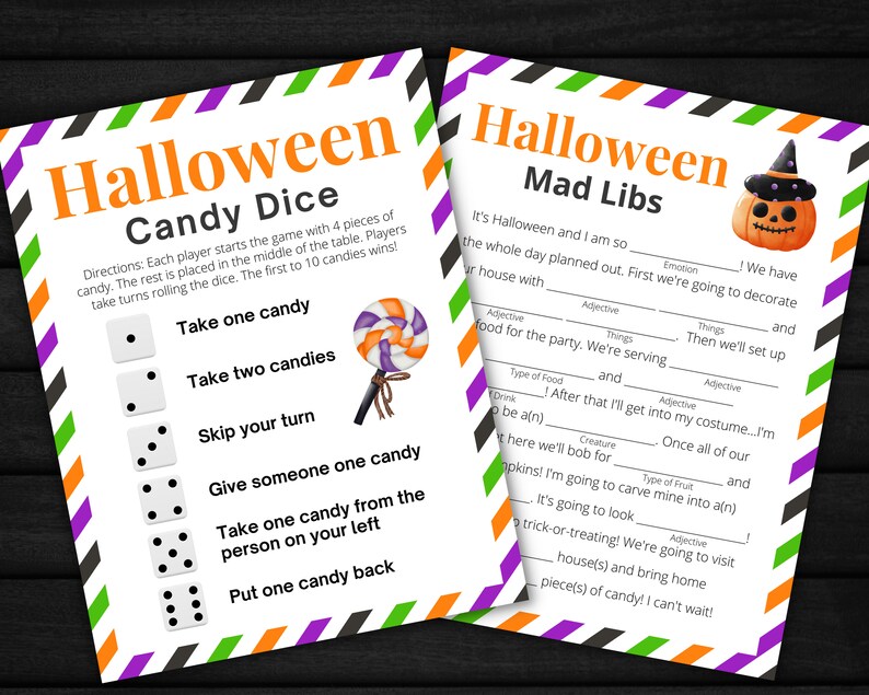 Puede incluir: Dos tarjetas de juego de Halloween imprimibles. La primera tarjeta es un juego de dados de caramelo con instrucciones y seis dados con diferentes n&uacute;meros de puntos. La segunda tarjeta es un juego de Mad Libs con una calabaza e instrucciones para completar los espacios en blanco con palabras para crear una historia espeluznante.