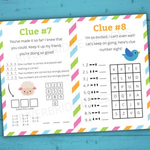 May include: A printable scavenger hunt game with two pages. The first page has a code-breaking puzzle with a sheep illustration and the second page has a word search puzzle with a blue bird illustration. The text on the first page says "Clue #7" and the text on the second page says "Clue #8".