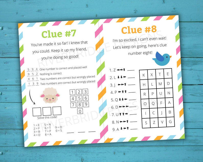 May include: A printable scavenger hunt game with two pages. The first page has a code-breaking puzzle with a sheep illustration and the second page has a word search puzzle with a blue bird illustration. The text on the first page says "Clue #7" and the text on the second page says "Clue #8".
