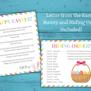 May include: A printable Easter egg hunt game with instructions for hiding clues and a list of hiding locations. The game includes a colorful basket with Easter eggs and a letter from the Easter Bunny.