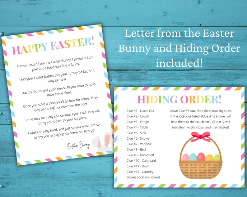 May include: A printable Easter egg hunt game with instructions for hiding clues and a list of hiding locations. The game includes a colorful basket with Easter eggs and a letter from the Easter Bunny.