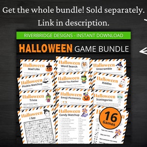 May include: A Halloween game bundle with 16 different games. The games include Mad Libs, Word Search, Unscramble, Phobia Matchup, Trivia, Would You Rather, Emoji Pictionary, Riddles, Scattegories, I Spy, and Candy Matchup. The games are printed on orange and black striped paper with Halloween-themed illustrations.
