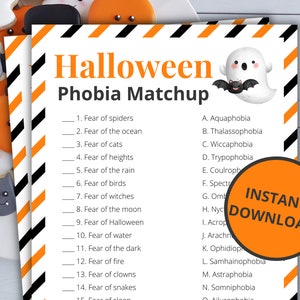 Halloween Phobia Matchup Game | Printable Halloween Game | Halloween Activity For Kids and Adults | Halloween Party Game | Classroom Game