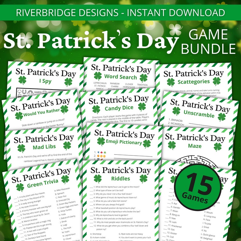 May include: A collection of 15 printable St. Patrick's Day games for kids. The games include I Spy, Would You Rather, Mad Libs, Green Trivia, Word Search, Candy Dice, Scattegories, Unscramble, Emoji Pictionary, Riddles, and a Maze.