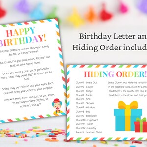 May include: A colorful printable birthday scavenger hunt game with instructions for hiding clues and a clown illustration. The game includes a list of hiding locations for clues, such as the couch, fridge, table, and closet.