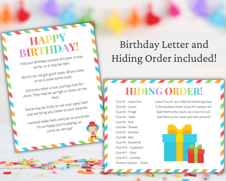 May include: A colorful printable birthday scavenger hunt game with instructions for hiding clues and a clown illustration. The game includes a list of hiding locations for clues, such as the couch, fridge, table, and closet.