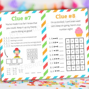 May include: A printable game card with a clown and a number puzzle on the left side and a cupcake and a letter puzzle on the right side. The card has a colorful striped background and the text "Clue #7" and "Clue #8".