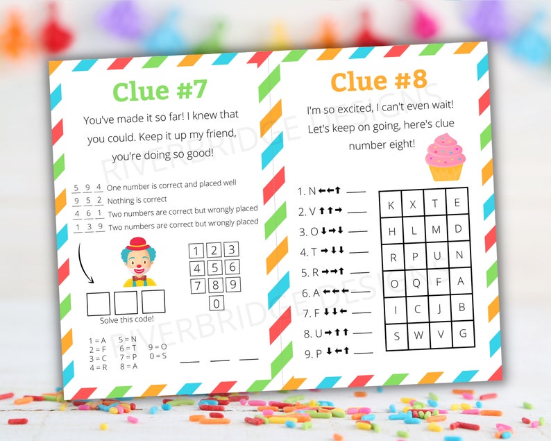 May include: A printable game card with a clown and a number puzzle on the left side and a cupcake and a letter puzzle on the right side. The card has a colorful striped background and the text "Clue #7" and "Clue #8".