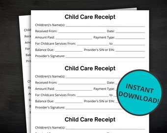 Child Care Receipt | Child Care Payments | Printable Receipt For Daycare, Preschool, Babysitting, Home Daycare | Instant Download