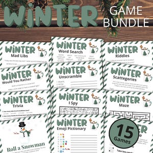 Könnte beinhalten: Ein digitales Winter-Spielepaket mit 15 druckbaren Aktivitätsblättern, darunter Mad Libs, Wortsuche, Rätsel, Würdest du eher, Wortsalat, Scattegories, Trivia, Ich sehe was, Labyrinth, Schneemann würfeln und Emoji-Pictionary mit Kakao.