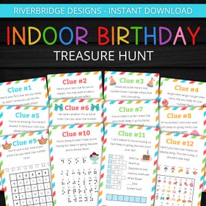 May include: A set of twelve colorful cards with instructions for an indoor birthday treasure hunt. Each card has a different clue number and a fun, colorful design.