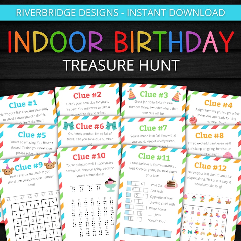May include: A set of twelve colorful cards with instructions for an indoor birthday treasure hunt. Each card has a different clue number and a fun, colorful design.