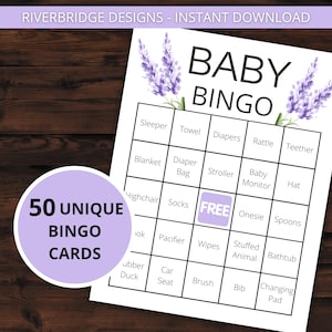 Baby Shower Bingo | Baby Shower Games | Printable Activities | Instant Download | Baby Bingo Game | 50 Baby Shower Bingo Cards | Lavender