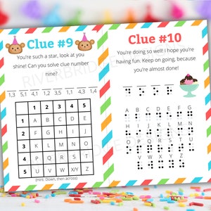 May include: A printable game card with a monkey and ice cream cone illustration. The card has a grid with numbers and letters and braille alphabet. The text on the card reads "Clue #9" and "Clue #10".