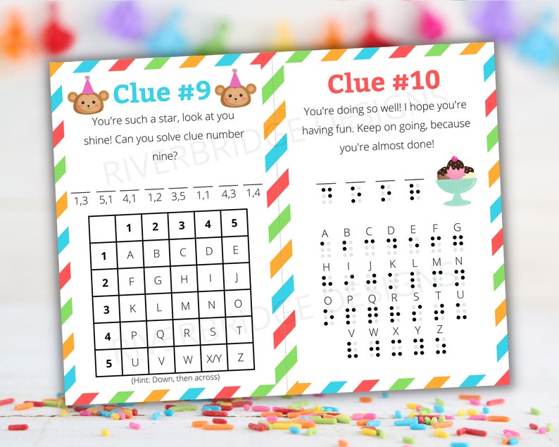 May include: A printable game card with a monkey and ice cream cone illustration. The card has a grid with numbers and letters and braille alphabet. The text on the card reads "Clue #9" and "Clue #10".
