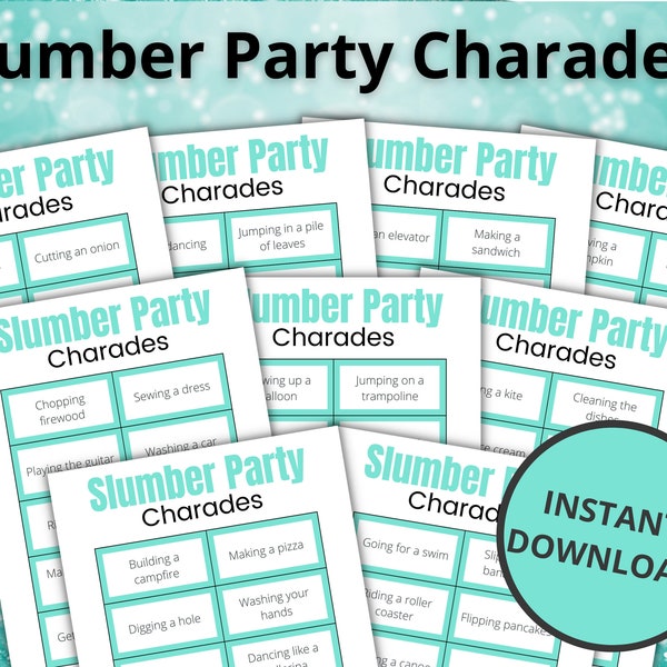 Slumber Party Charades | Printable Sleepover Games for Kids and Teens | Pajama Party Activities | Birthday Party Sleepover Games  - Mint