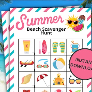 Sommer Strand Schnitzeljagd | Druckbares Sommerspiel | Sommeraktivität für Kinder | Sommerurlaub | Familienaktivitäten für die Sommerferien