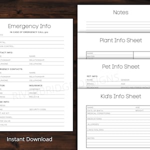 Emergency Contact Info Sheet | Babysitter, Pet Sitter, Plant Sitter, House Sitter Information Sheet | Instant Download | 8.5 x 11 | B&W