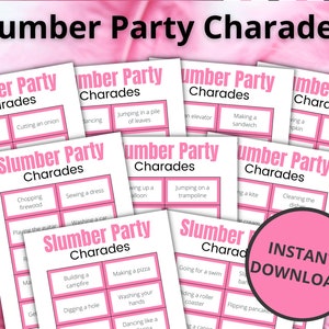 Slumber Party Charades | Printable Sleepover Games for Kids and Teens | Pajama Party Activities | Birthday Party Sleepover Games  - Pink
