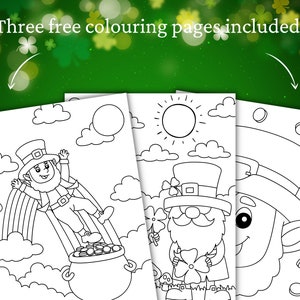 May include: Three black and white coloring pages featuring leprechauns. One leprechaun is flying on a rainbow with a pot of gold at the end. Another leprechaun is holding a four-leaf clover. The third leprechaun is smiling with a pot of gold behind him.