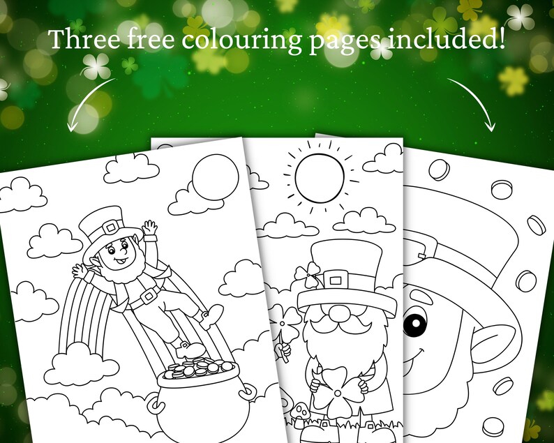 May include: Three black and white coloring pages featuring leprechauns. One leprechaun is flying on a rainbow with a pot of gold at the end. Another leprechaun is holding a four-leaf clover. The third leprechaun is smiling with a pot of gold behind him.