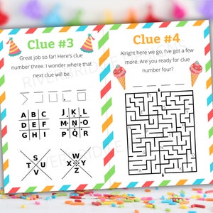 May include: A printable scavenger hunt game for kids with a colorful ice cream cone and party hat theme. The game includes a maze and a letter puzzle. The text on the page reads "Clue #3" and "Clue #4".
