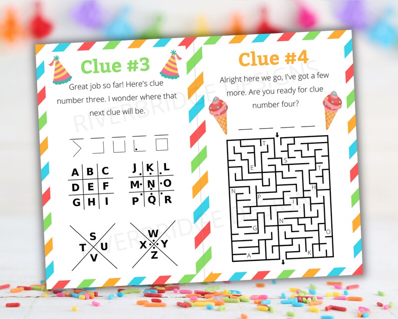May include: A printable scavenger hunt game for kids with a colorful ice cream cone and party hat theme. The game includes a maze and a letter puzzle. The text on the page reads "Clue #3" and "Clue #4".