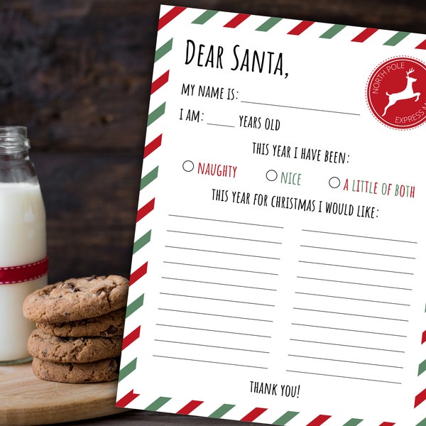 Letter To Santa Claus | Christmas Wish List | Christmas Printable For Kids | Red And Green Stripes