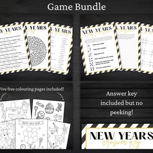 May include: A New Year's game bundle featuring printable activity sheets with black and white striped borders. Includes trivia, a maze, word games, a candy dice game, tic-tac-toe, five colouring pages, and an answer key with the text New Years.